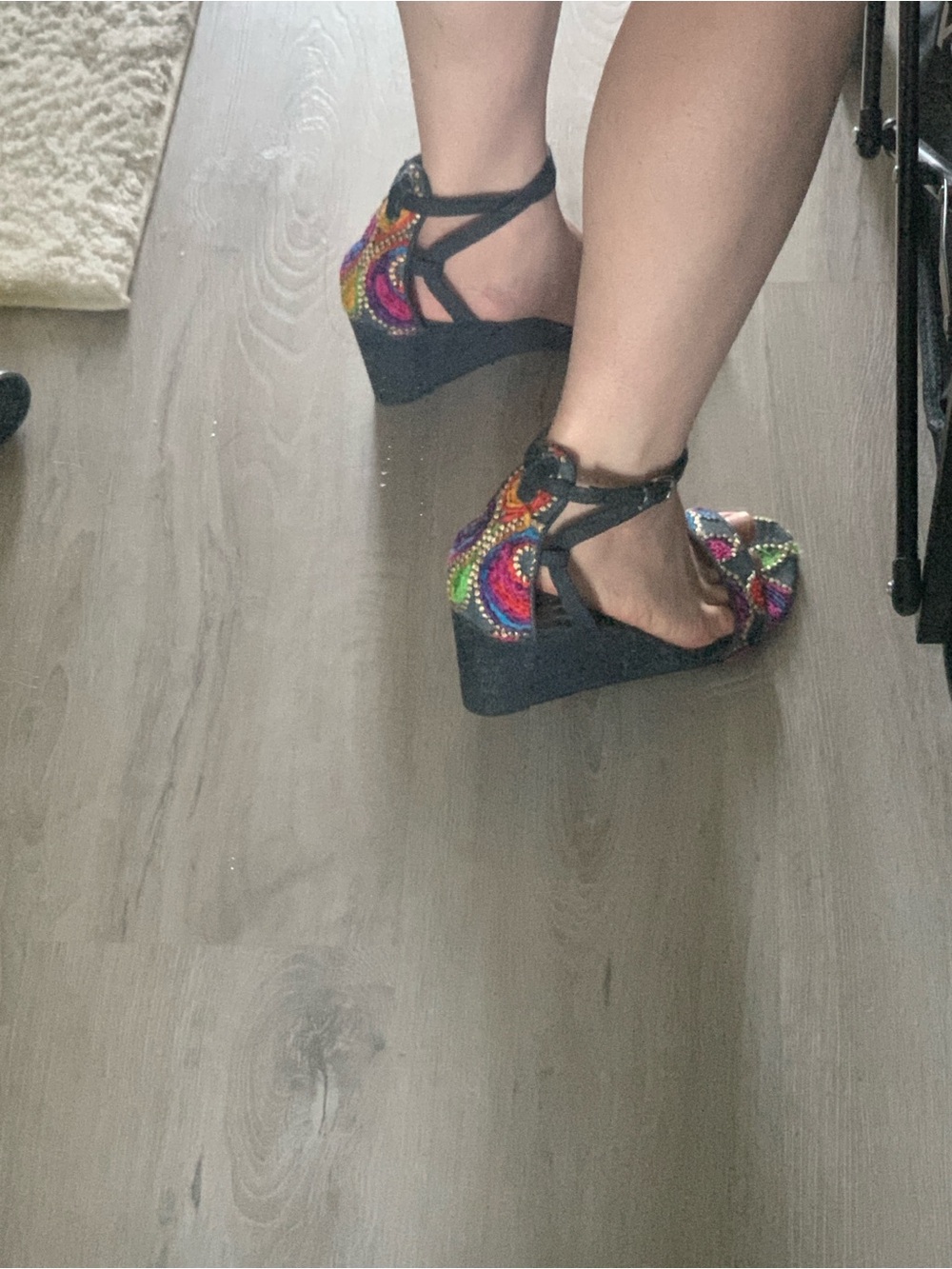 Stuart Weitzman Black Multicolor Embroidered Ankle-Tie Heels - Picture 6 of 7